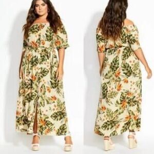 City Chic Lost in Love Tropical Leaf Print Off-Shoulder Maxi Dress sz 16